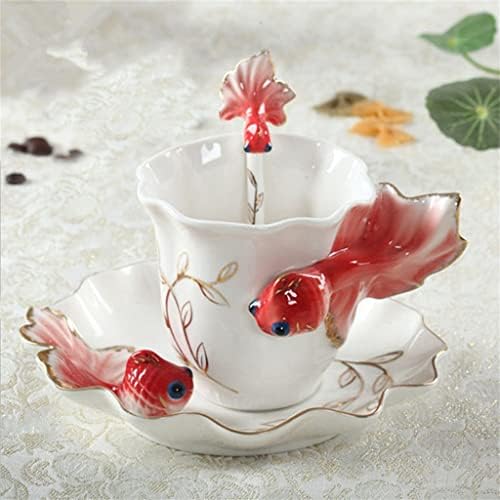 N/A Copa de café esmalte de peixe dourado com colher de pires Hadmade Ceramic Tea Milk Canecas Conjunto de café da manhã