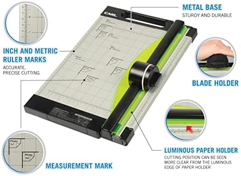 Carl 12 polegadas verde-verde, aparador de papel rotativo profissional, capacidade de corte de 12 polegadas, 15 folhas, preto e prata
