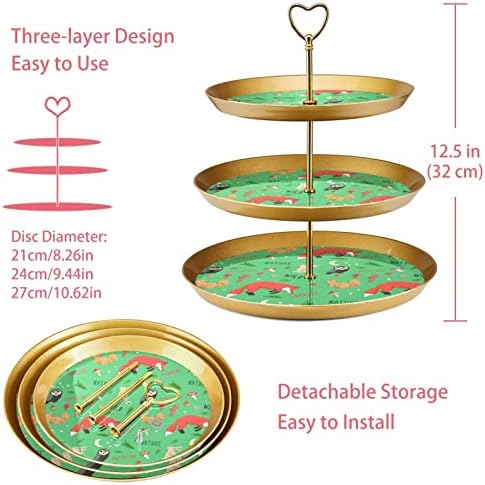 3 Placa de fruta de cupcake de 3 camadas de sobremesa Plástico para servir suporte de exibição para casamento de aniversário de bebê chá de bebê decorações de festa redonda, animais florestais verde