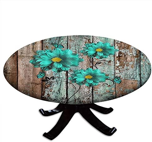 Toleta de mesa redonda da fazenda rústica com bordas elásticas, borboleta de margarida em margarida em madeira cinza rural, borda