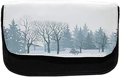 Caixa de lápis azul empoeirada lunarável, paisagem da floresta neve, bolsa de lápis de caneta com zíper duplo, 8,5 x 5,5, cinza cinza cinza cinza e branco