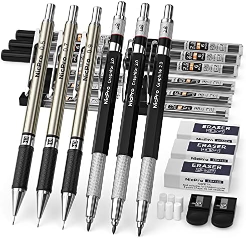 Conjunto de lápis mecânicos de arte Nicpro 6pcs, lápis de desenho de metal de 3 pcs 0,5 mm e 0,7 mm e 0,9 mm e 3 pcs