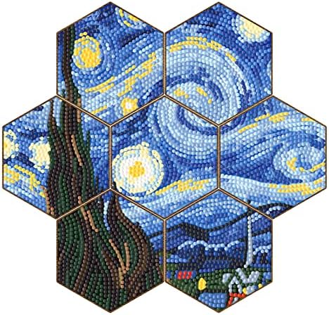 Van Gogh Diamond Painting Coaster With Holder - Pigpigboss 7 peças HEXAGON Starry Night Diamond Pintura de montanha