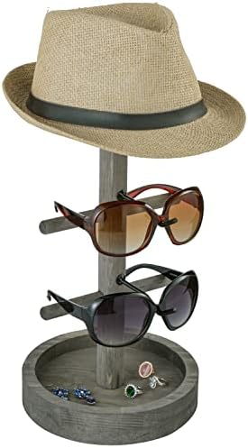 Mygift desgastado a canto de madeira de madeira maciça de madeira hat stand sunglasses helder rack e bandeja de anel