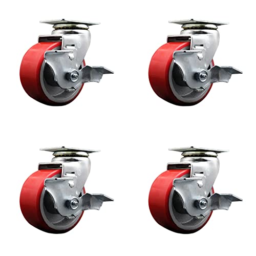 Conjunto de lançadores de placa superior giratória - poliuretano vermelho de 4 polegadas por 2 polegadas na roda de ferro fundido - rolamento de esferas - 1.800 libras. Capacidade total - inclui 4 rodízios giratórios com freios de travamento de primeira linha
