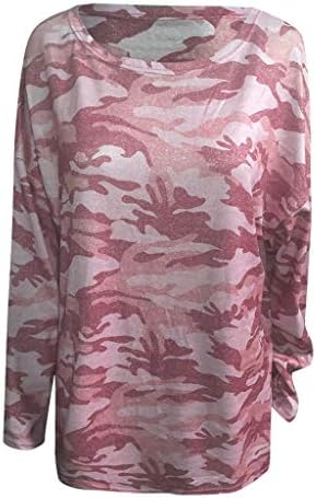 Camuflagem de camuflagem feminina túnica de manga longa cairam casual camisa de bloco colorido solto em barras do pescoço redondo moletons de pulôver
