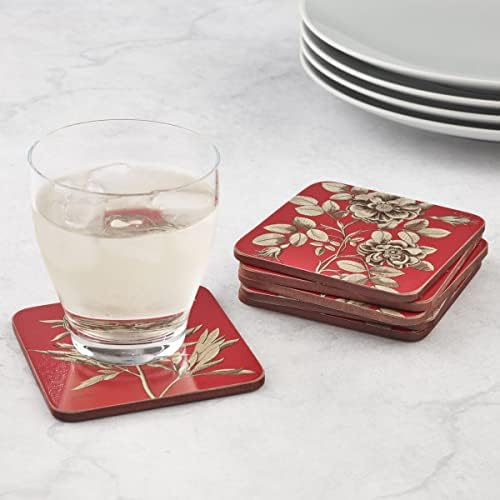 Coasterizações de coleta vermelha de pimpernel Sanderson e rosas | Conjunto de 6 | Placa com suporte de cortiça | Resistente ao calor e mancha | Coaster de bebidas para proteção de mesa | Mede 4 ”x 4”