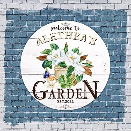 Welcome personalizado ao jardim Round Metal Tin Sign Farmhouse Style Garden Custom Garden Watercolor Chaltle floral Porta da frente
