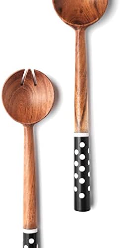 Yotreasure Tiramisu Black & White Donted Resin Wood Salad Server Conjunto | Utensílios de madeira para servir salada, colher e garfo para cozinha moderna