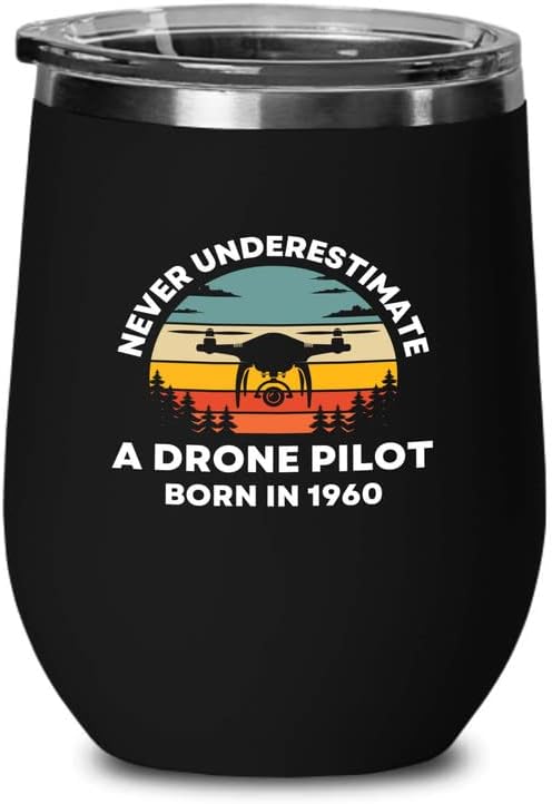 Drone Pilot Black Wine Tumbler 12oz - Drone Pilot Nascido em 1960 - Drone Pilots Aviation RC Quadcopter Operador Airline