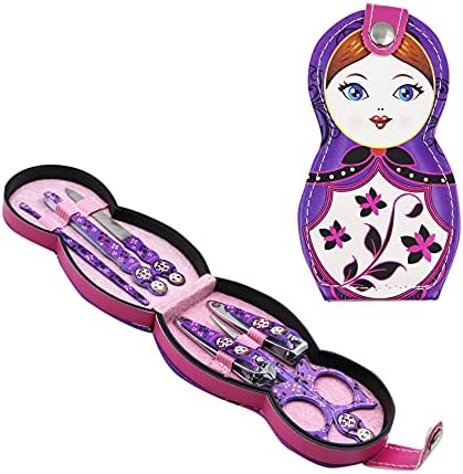 AiBearty Adorável padrão de boneca russa Donas de unhas inoxidáveis ​​Conjunto de 6pcs, kit profissional de higiene, ferramentas de unhas com luxuosas case de viagem
