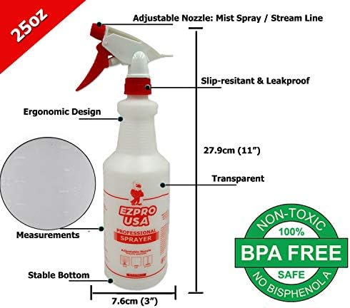 EZPro EUA 24 oz garrafas de spray vazias para soluções de limpeza, garrafa de spray 24oz, comercial industrial profissional com medidas pulverizador de linha de névoa, transparente, pacote de 3