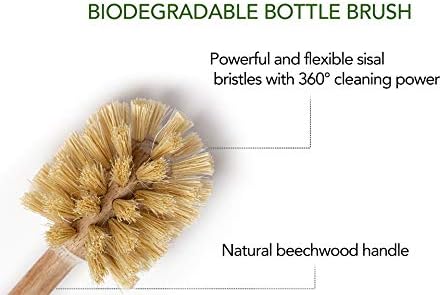 Escova de prato de bambu ecolulu e escova de garrafa de madeira para garrafas de boca larga, xícaras e potes, pincel de prato de madeira, produtos biodegradáveis ​​e ecológicos
