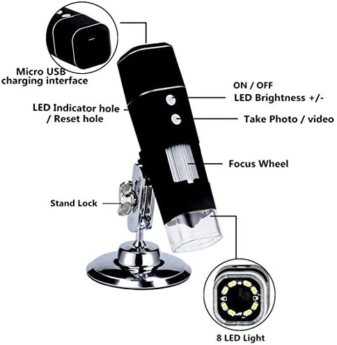 VILIHY Microscópio de mão digital sem fio 50x a 1000x WiFi Magnificação portátil Lúplica da câmera de endoscópio de zoom
