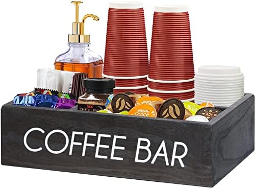 Organizador da estação de café com pequenos divisores, acessórios de barras de cafeteria de madeira e caixa de armazenamento para balcão, cesta de armazenamento do cutelo de cafeteria de fazenda para decoração de café