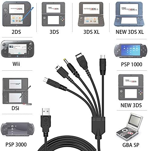 5 em 1 Cabo de carregamento USB para Nintendo DS Lite/ Wii U/ Novo 3DS, 3DS, 2DS, DSI, NDS/ Gameboy Advance SP, PSP 1000 2000 3000, Multi-Funcional USB Charging Cord With Cable gravata