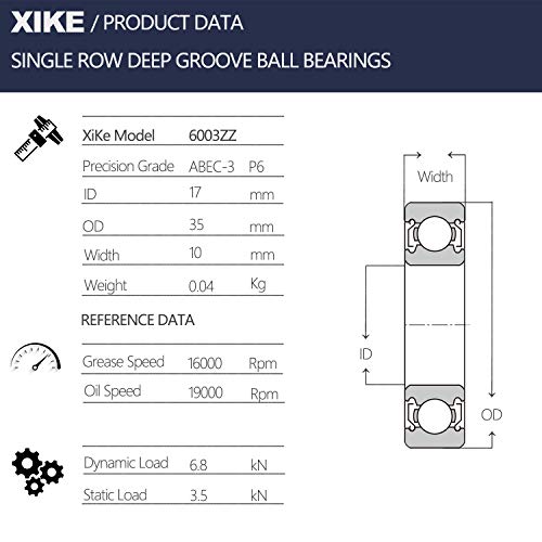 XIKE 4 PCS 6003ZZ rolamentos de vedação de metal duplo 17x35x10mm, desempenho pré-lubrificado e estável e rolamentos