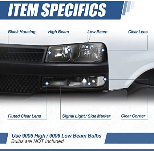 Auto Dynasty 4pcs Estilo de faróis de fábrica e lâmpadas de pára-choques compatíveis com Chevy Express GMC Savana 1500 2500