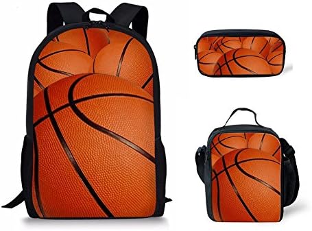 DoginThehole Basketballprint Backpack Conjunto de 3 peças Bolsas de lápis de ombro para lancheira