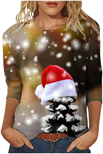 3/4 Holida de luva Tops Mulheres de impressão de árvore de Natal Camisetas com Papai Noel Pattern Pattern 3d Snowman Hat Hat Tee