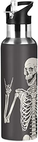 Garrafa engraçada de água do crânio com tampa de palha, esqueleto engraçado de 20 oz de aço inoxidável isolado mantém uma garrafa
