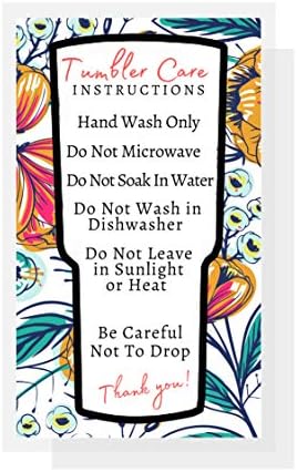 Cartão de instrução de limpeza e cuidados com o copo artesanal | 50 pacote | Para vinil, glitter, decalques, artesãos, epóxi, resina | Design floral laranja