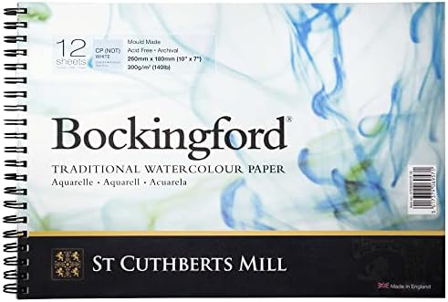 St. Cuthberts Mill Bockingford Paper aquarela Papada em espiral - papel de cor de água branca de 10x7 polegadas para artistas - 12 folhas de papel aquarela de 140 lb de prensa fria para a aquarela de gouache de acrílico e muito mais