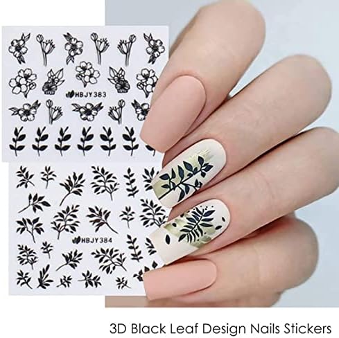 Adesivos de unhas pretas para unhas de unhas, florestas de unhas de flores 3d auto adesivo suprimentos de arte florestas de florar