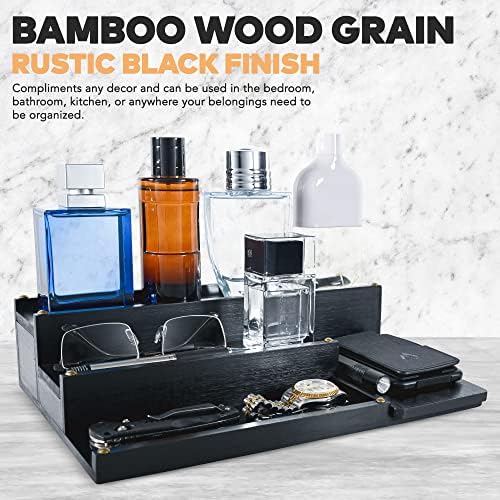 Manzano Essentials Colônia Organizador para homens - Bamboo Wood 4 Tier Display Shelf Stand com 2 compartimentos ocultos - Suporte de perfume e maquiagem - bandeja de armazenamento para vaidade e cômoda - Organizador EDC - preto