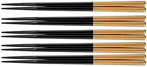 J-Kitchens PBT Chopsticks Conjunto de 5, 8,9 polegadas de pauzinhos hexagonais, preto/dourado, feitos no Japão