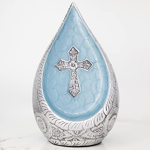 M Meilinxu Religious Teardrop Cremation Urns para Ashes Adultos - Exibir em casa ou em nicho em Columarium, Urnas cruzadas gravadas para cinzas humanas para masculino e feminino, urna azul aquosa - grande