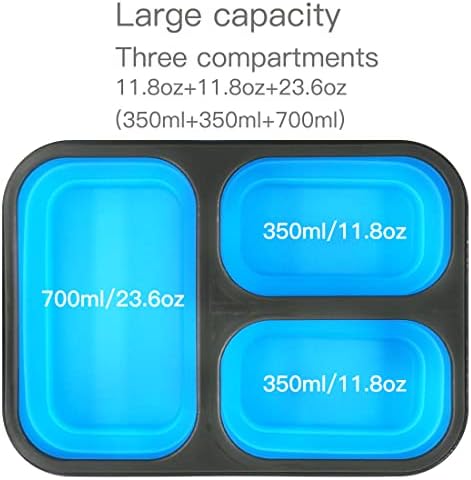 recipiente de silicone dobrafree de chiques, lancheira à prova de vazamentos com 3 compartimentos, organizador de armazenamento