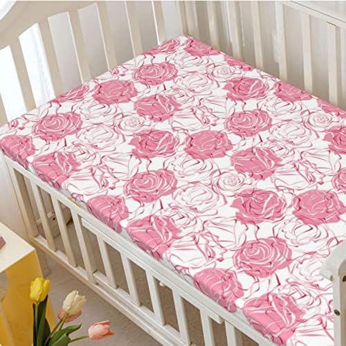 Folha de berço com tema de rosa, colchão de berço padrão folhas de berço macias e respiráveis ​​lençóis de berço-bebê para menina ou menino, 28 x52, branco rosa pálido