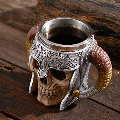 Aço inoxidável Hanking Double Horn Skull Beer Cup, caneca de caneca de guerreiro viking, caneca medieval de bebidas para caveira para café/bebida/suco 17oz.