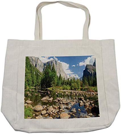 Bolsa de compras de Ambesonne Yosemite, nuvens fofas da floresta pedras do rio Yosemite Parque Nacional Califórnia EUA paisagem aquática, bolsa reutilizável ecológica para a praia de mercearias e mais, 15,5 x 14,5, creme, creme