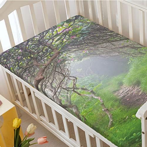 Appalachian Trail com tema Mini folhas de berço, lençóis portáteis de mini-berço lençóis de colchão de materiais de material ou lençol de criança, 24 “x38”, samambaia verde e fuchsia