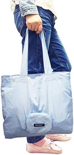 Bolsa de supermercado reutilizável azul, com bolsa pequena, simples, lavável e durável, estilo de transporte de ombro, tamanho médio, bolso, tecido de poliéster de nylon
