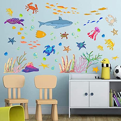 Adesivos de decoração com tema do oceano sob os adesivos do parede do mar de parede de tubarão -marinho Decalques de parede