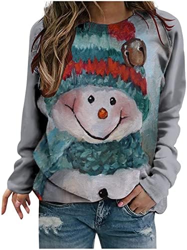 Xiaojmake Tops de Natal femininos fofos de boneco de neve fofos moletons moletons casuais de manga comprida pescoço de pullover solto solto