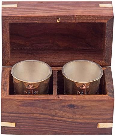Kartique Brass Tequila Shot Glass com monograma de âncora em caixa de madeira artesanal - dois conjuntos de vidro