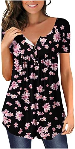 Blouses floral de verão feminino Henley V Button Button Up Tunic Tops Flowy Pleats T-shirts Button Up Casual Short Slave Bloups