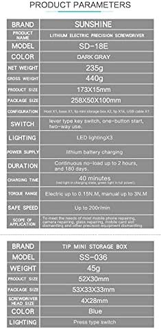 Chave de fenda elétrica Sunshine SD-18E com bateria de lítio NTelligent e 3pcs Luz LED 14pcs S2 Material de aço de liga bits Dica