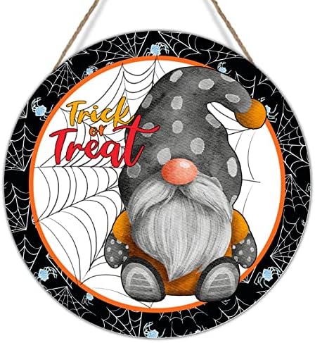 Halloween aranha web grinald gnome madeira parede arte placa cabide de halloween noite gnomos assustadores signo de