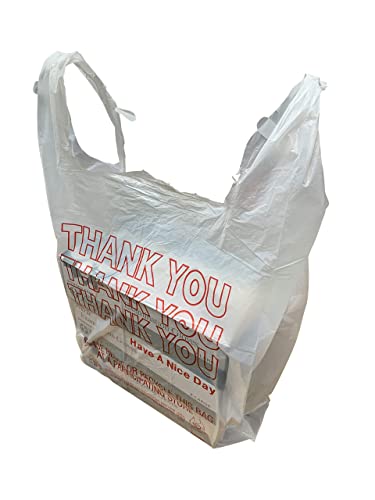 2 Conjunto HDPE Sacos de camiseta de plástico manuseados, sacos de supermercado, branco com impressão obrigado, 11,5 x 6,5 x 21 , 0,47 mil, 1/6 bbl - 1 caso de 1000 sacolas