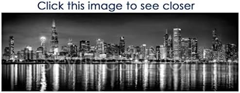 Chicago Skyline Photo Print Night Night Night Black & White B & W BW 11,75 polegadas x 36 polegadas Panorama fotograama Foto de impressão