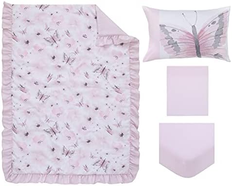 Tudo o que infloral floral rosa, branco e cinza 4 peça de cama de criança conjunto - Consolador, folha de fundo ajustada, lençol liso e travesseiro reversível, rosa, branco, cinza, 5345416p