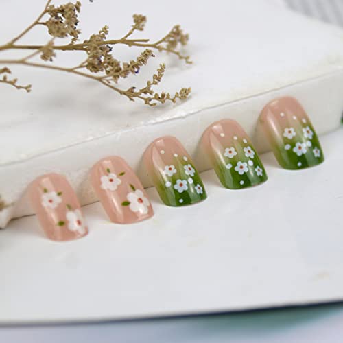 Pressione as unhas cola de flor verde curta em unhas nuvens unhas falsas capa brilhante unhas falsas unhas acrílicas em unhas para mulheres meninas 24pcs