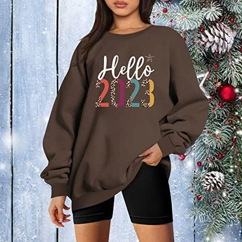 Sorto para mulheres Feliz Ano Novo Carta Impressão de manga longa Camiseta casual Bloco de cores Pullover solto Tops