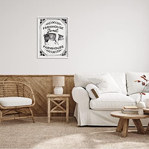 Stuell Industries Sweet Farmhouse Sign Vintage Farm Pig Illustration Art White emoldurado, 24 x 30, cinza