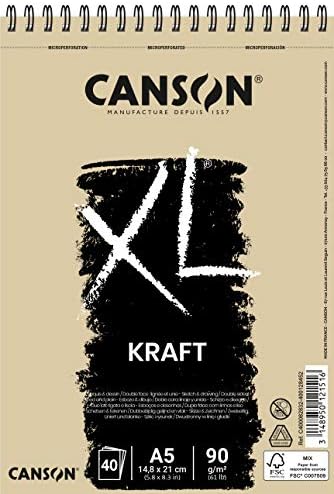 CANSON XL KRAFT 90GSM A5 Papel, depositado, Spiral Pad Side, 40 folhas, ideal para artistas e ilustradores profissionais